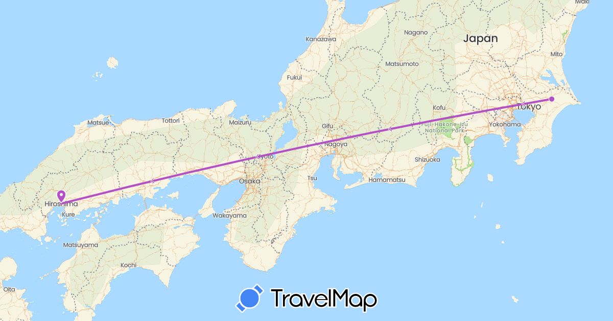 TravelMap itinerary: driving, train in Japan (Asia)